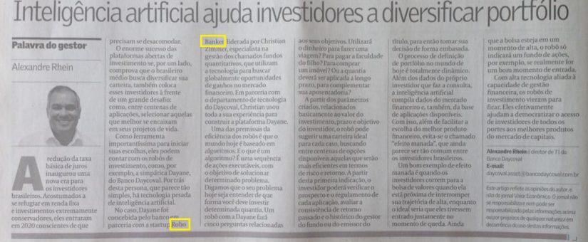 ROBOBANKER no jornal Valor Econômico!